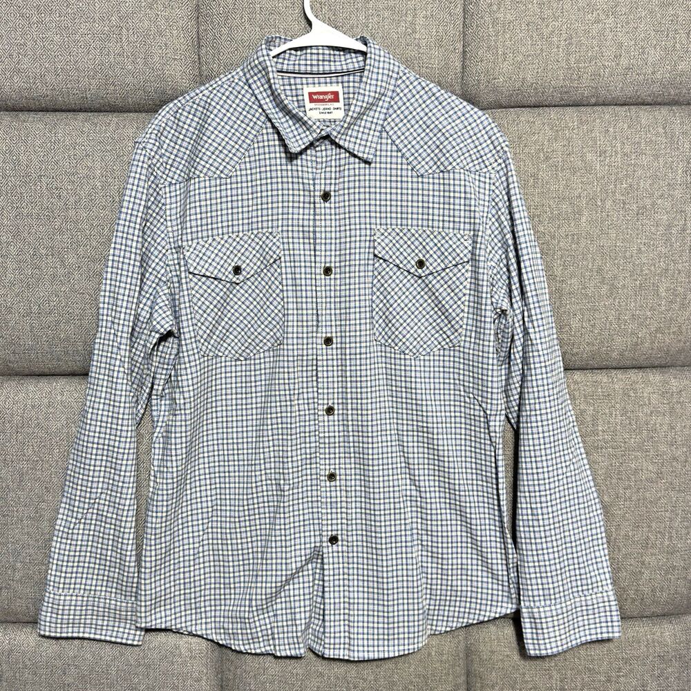 Mens Wrangler Button Up Plaid Shirt Long Sleeve‎ Large Blue/White